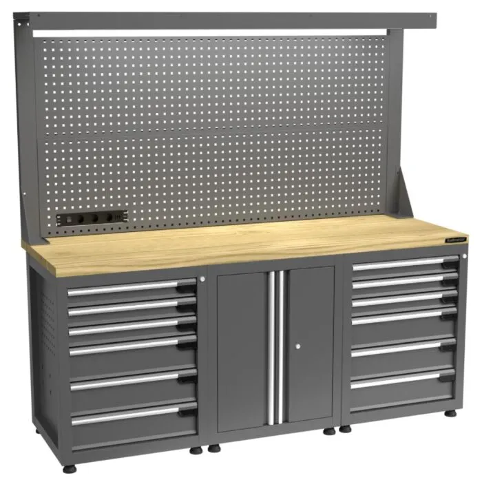 Kraftmeister Pro werkbank met gereedschapswand 12 lades 2 deuren eiken 200 cm grijs
