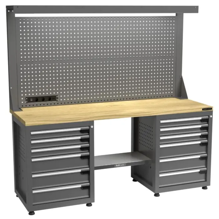 Kraftmeister Pro werkbank met gereedschapswand 12 lades eiken 200 cm grijs