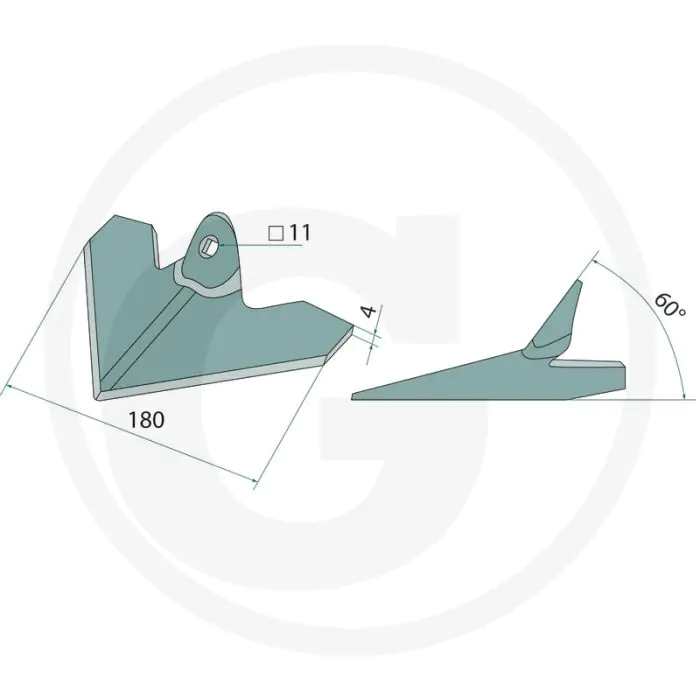 Schoffel 180 mm werkbreedte, 4 mm dikte, 60° werkhoek