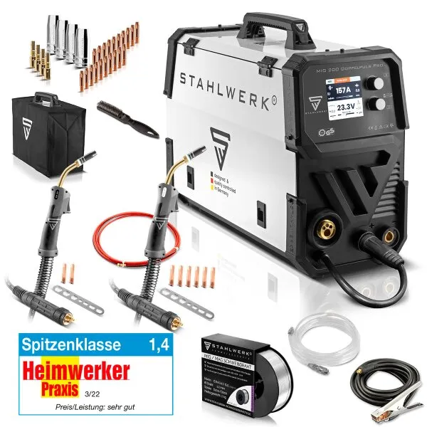 STAHLWERK MIG MAG 200 dubbele puls Pro volledig synergisch lasapparaat met AK25/MB25 aluminium lastoorts en slijtdelen set voor 