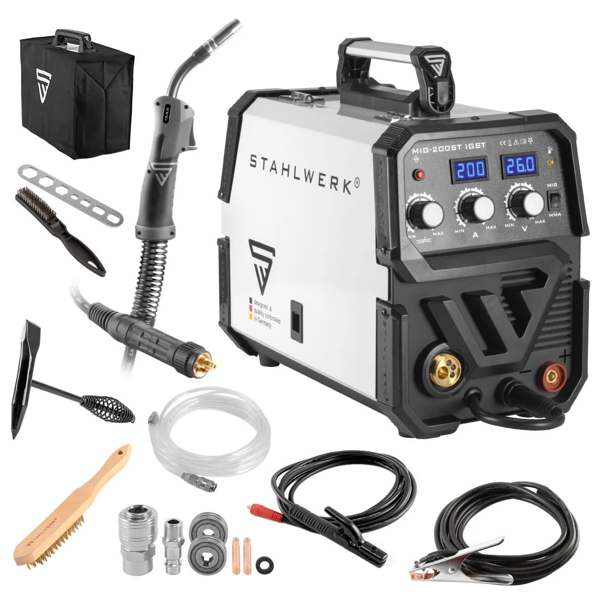 STAHLWERK MIG MAG 200 ST IGBT lasapparaat / Gasafgeschermd lasapparaat met synergische draadaanvoer en echte 200 ampère / Profes