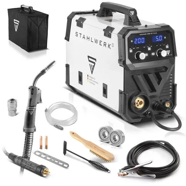 STAHLWERK MIG MAG 200 ST PLUS GASBESCHERMD LASAPPARAAT | IGBTOMVORMER MET 200 A, SYNERGISCHE DRAADAANVOER, FLUX, LIFTTIG EN MM