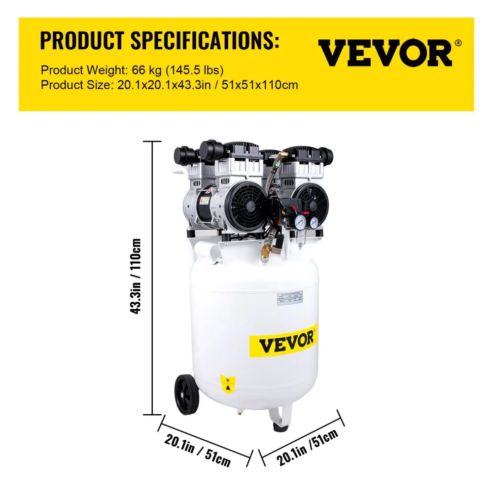 VEVOR Compressor Tank Stille Compressor 90L Olievrije Compressor Luchtcompressor 2200W Draagbare Luchttank Gemaakt van Gelegeerd