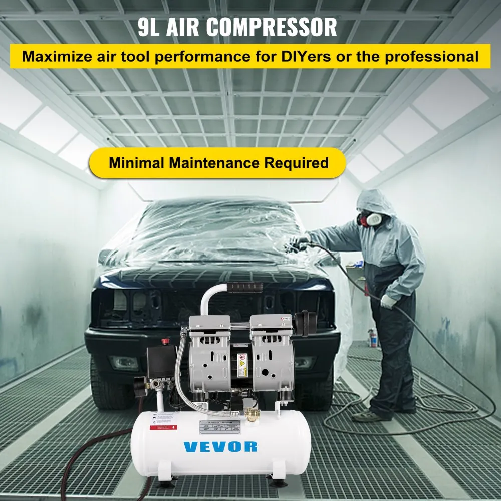 VEVOR Olievrije Compressor luchtcompressor 550 W Silent Fluisterstille compressor 9 L Fluistercompressor Laag Geluidsniveau Het 