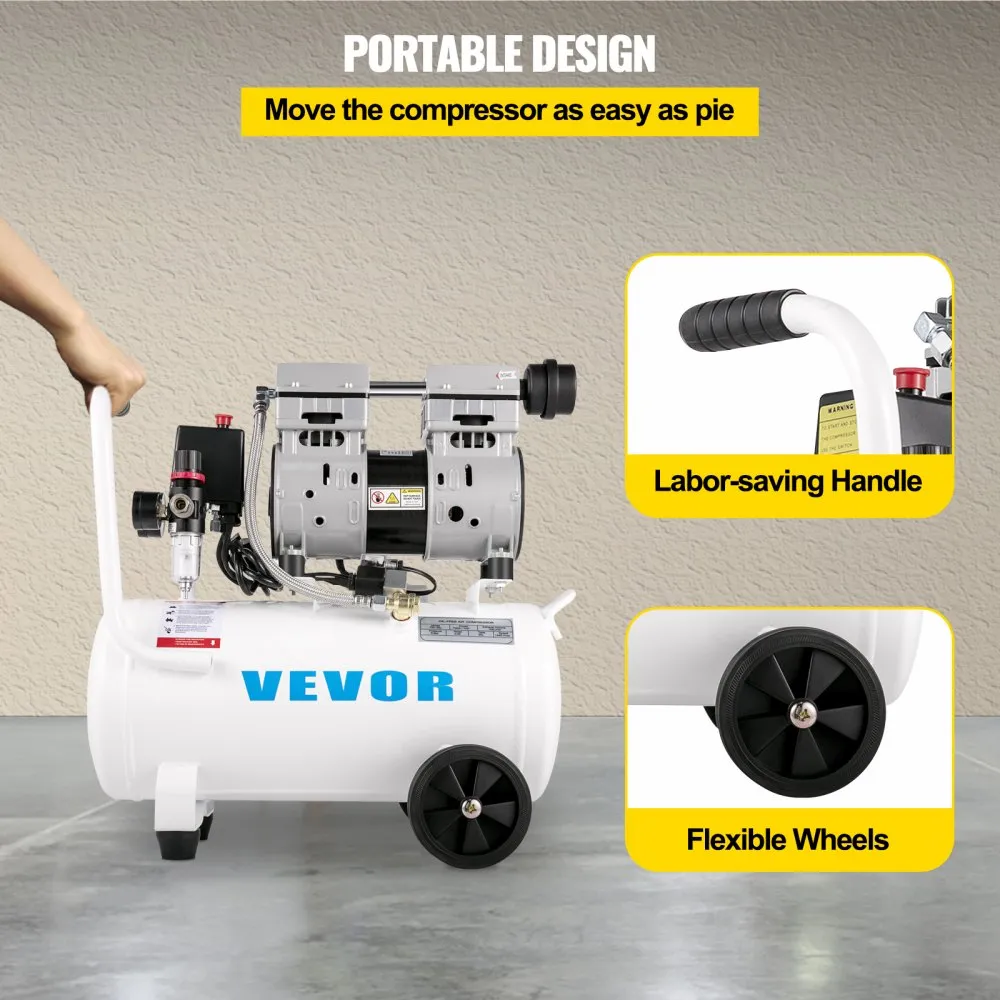 VEVOR Olievrije luchtcompressor 750 W, Silent Fluisterstille compressor 25 L, Fluistercompressor Laag Geluidsniveau, Het is een 