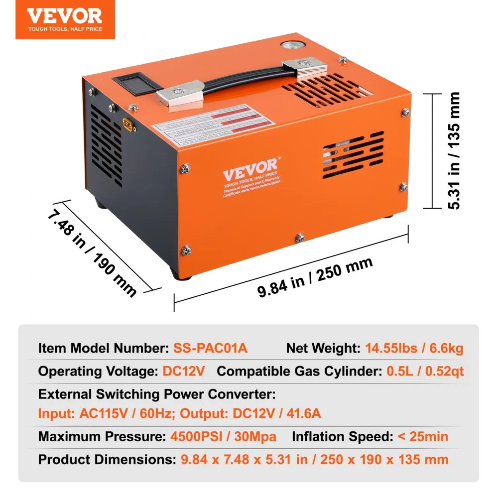 VEVOR PCPCOMPRESSOR 30 MPA / 4500 PSI LUCHTCOMPRESSOR 0,5 LITER DRAAGBARE PCP DC12V EN AC115VCOMPRESSOR 25 MINUTEN INSCHAKELD