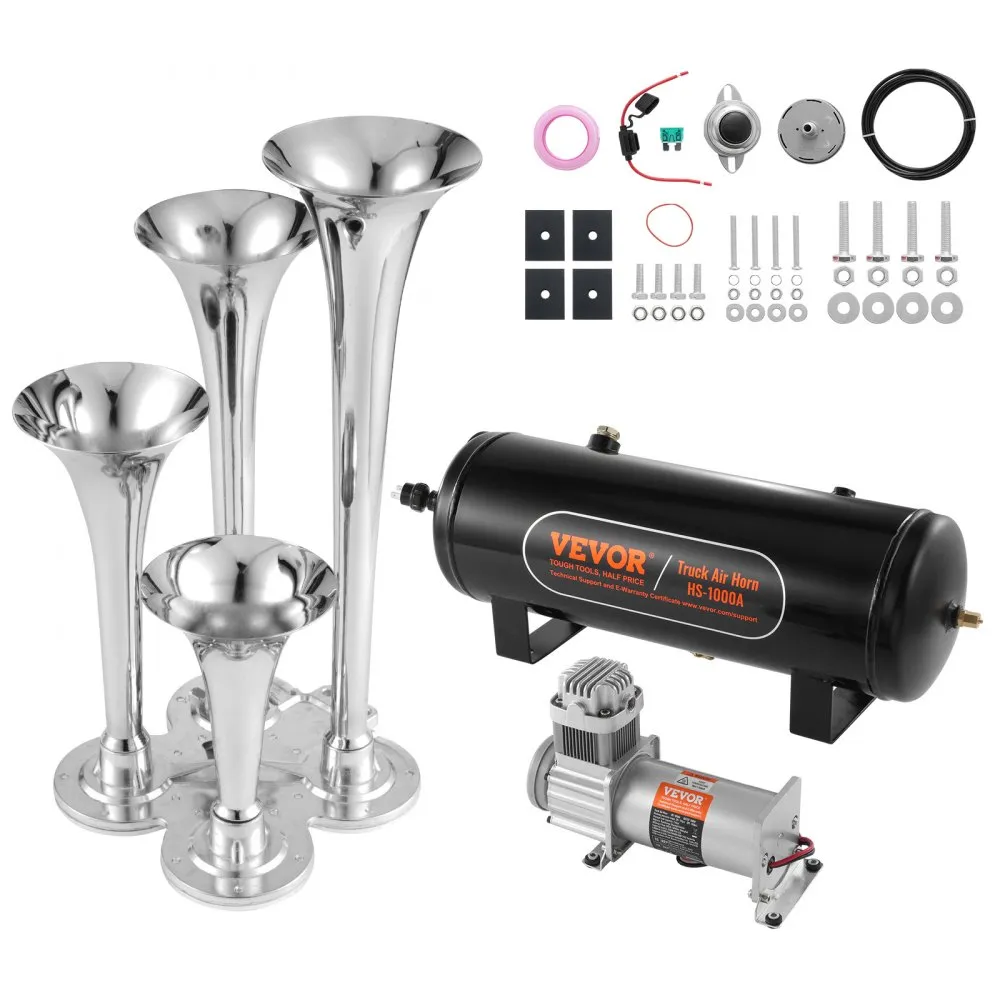 VEVOR TREINHOORNSET, LUCHTHOORNSET MET 4 TROMPETTEN, 150DB TREINHOORN VOOR PICKUPS, 12V 160PSI LUCHTCOMPRESSOR, 10L TANK MET MA