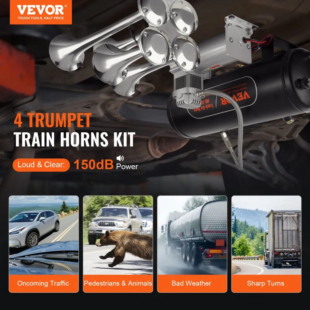 VEVOR TREINHOORNSET, LUCHTHOORNSET MET 4 TROMPETTEN, 150DB TREINHOORN VOOR PICKUPS, 12V 160PSI LUCHTCOMPRESSOR, 10L TANK MET MA