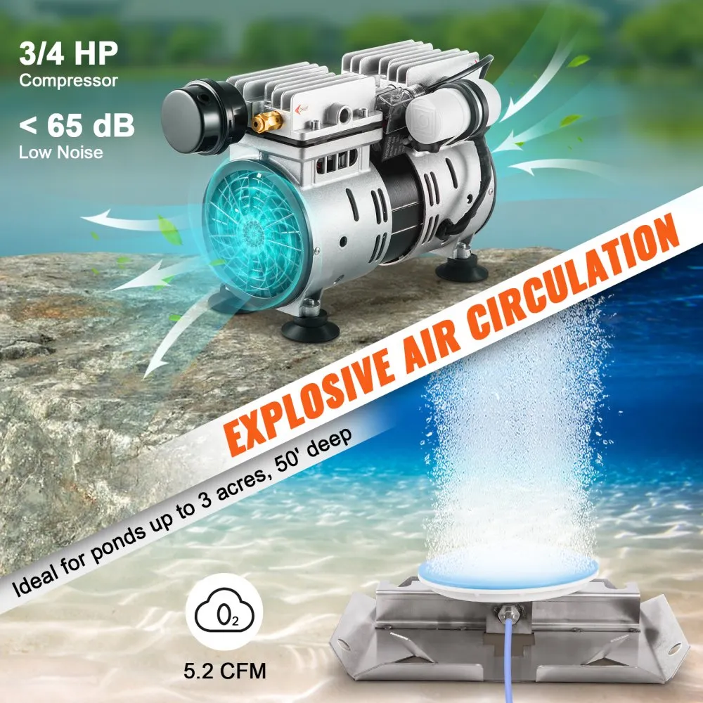 VEVOR vijverbeluchter 550 W 5,2 CFM voor maximaal 3 hectare 15 m vijverbeluchtingsset inclusief compressor en verzwaarde slangen